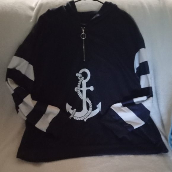 SHEIN Tops - Women's Nautical Anchor Navy and White Hoodie, Size 3X